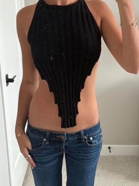 AKIRA Black Ribbed Pointed Halter Crop Top